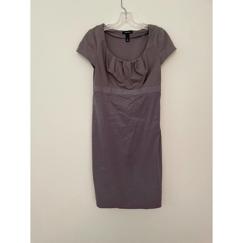 Lands End Sheath Dress Womens 6 Gray Pleated Neck Stretch Ponte Nylon Blend